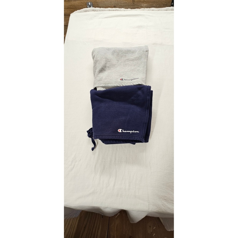 2 Pair Champion Mens Fleece Shorts Lot of 2 Navy Blue Heather Gray Drawstring  L